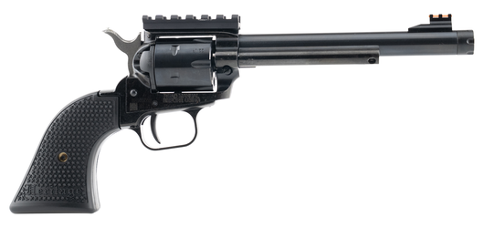 Black revolver handgun with long barrel on white