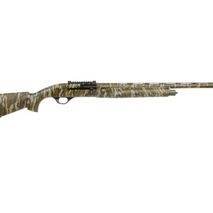 Camouflage semi-automatic shotgun on white background