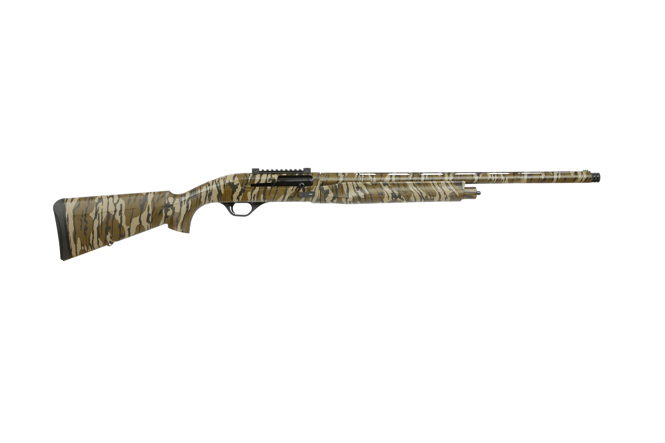 Camouflage semi-automatic shotgun on white background