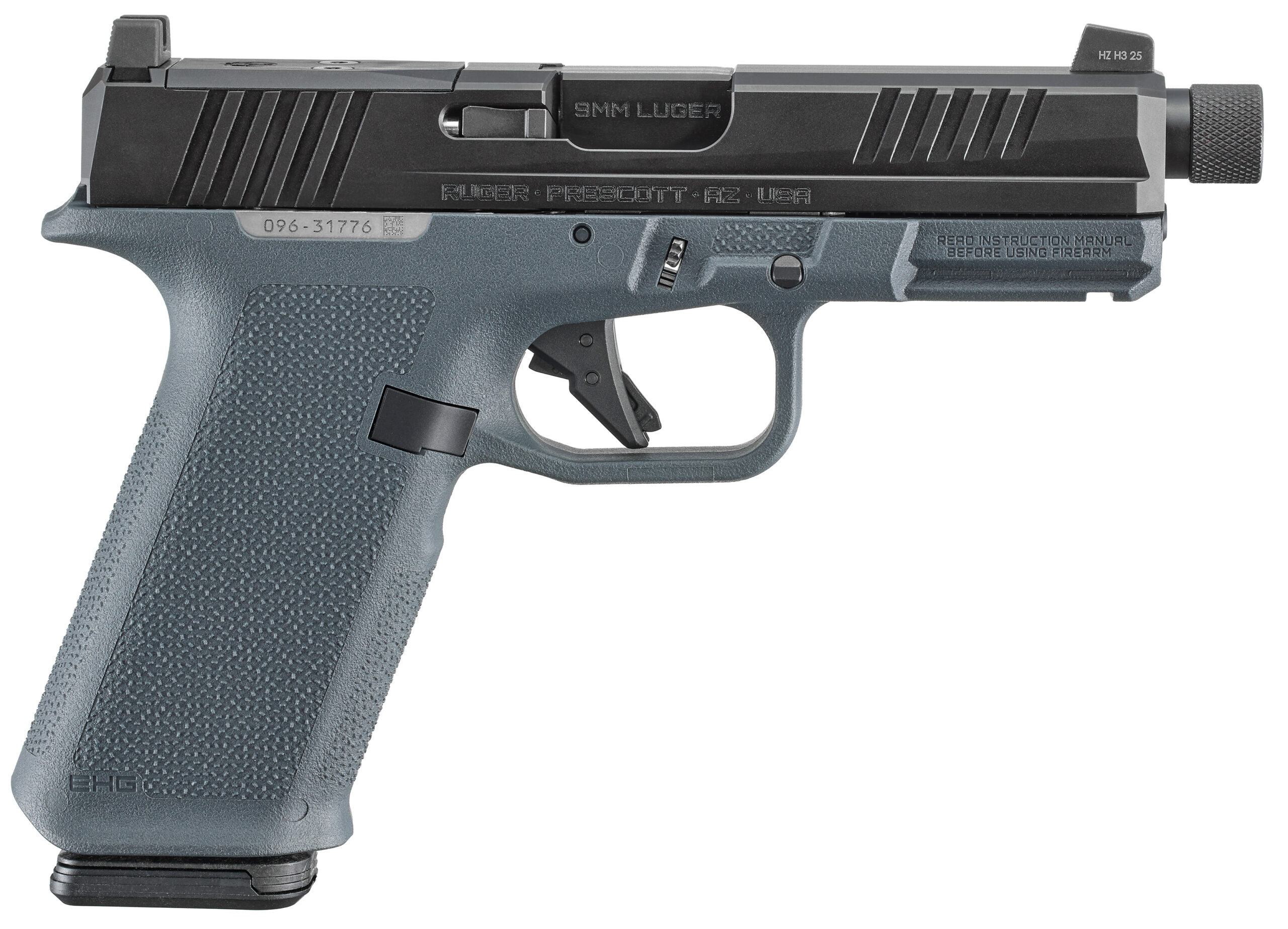 Ruger semi-automatic pistol with threaded barrel, side view
