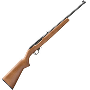 Wooden stock rifle with black barrel