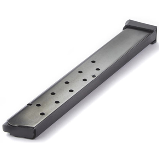 Metal handgun magazine on white background