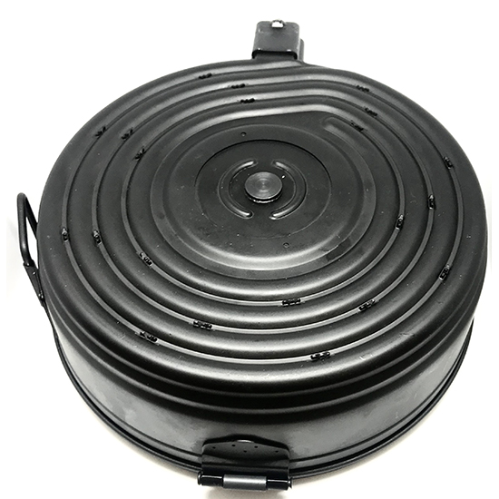 Black round metal drum magazine