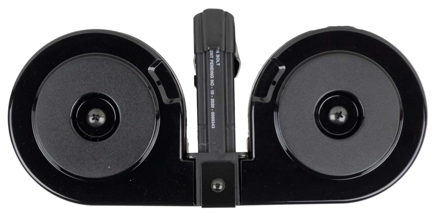 Black dual drum firearm magazine