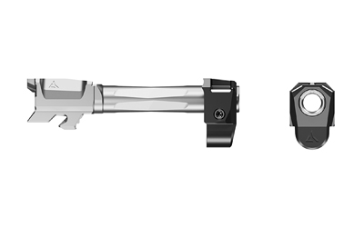 Technical illustration of pistol slide and muzzle device