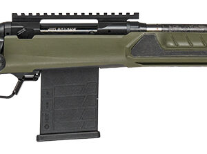 Green and black bolt-action rifle with magazine