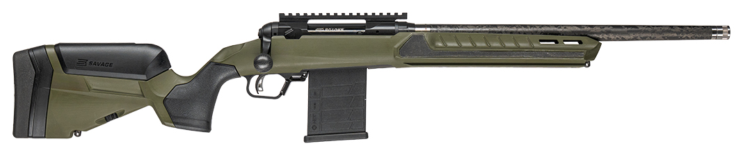 Green and black bolt-action rifle with magazine