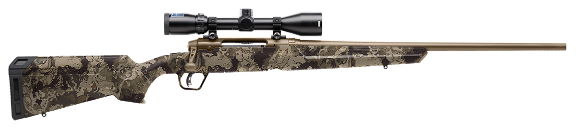 Camouflage bolt-action rifle with mounted scope