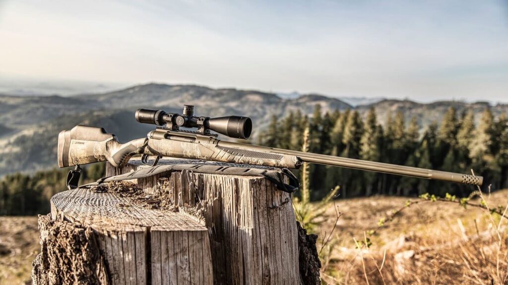 Hunting rifle on a tree stump outdoors