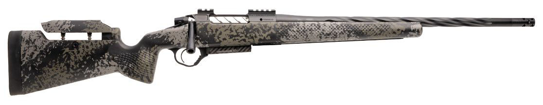 Side view of a camouflaged hunting rifle.