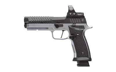 Black and silver semi-automatic pistol with red dot sight