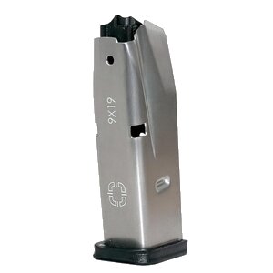 Stainless steel pistol magazine with black baseplate