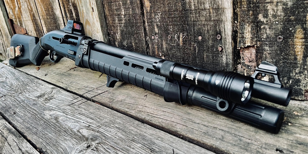 Modified shotgun on wooden surface