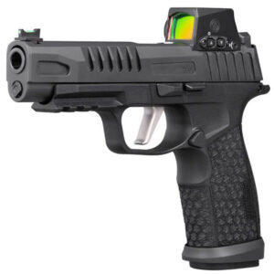 Black semi-automatic pistol with red dot sight