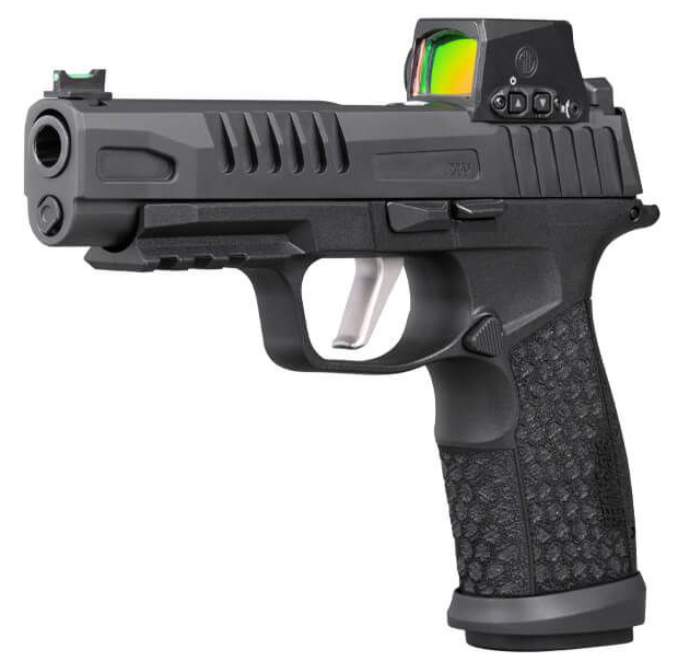 Black semi-automatic pistol with red dot sight