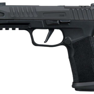 Black semi-automatic handgun on white background