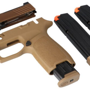 Disassembled semi-automatic pistol with two magazines