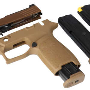 Disassembled semi-automatic pistol with three magazines