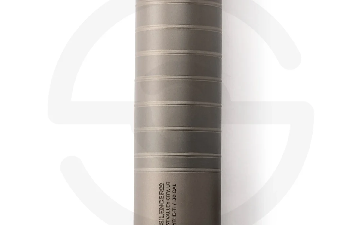 Metal firearm suppressor on white background