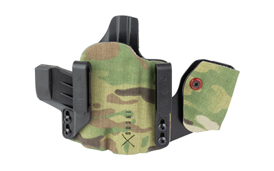 Camouflage-patterned Kydex handgun holster with belt clip