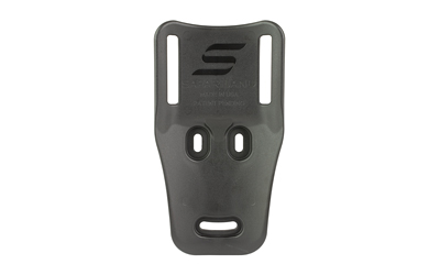 Black molded plastic mounting bracket with slots