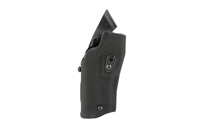 Black handgun in molded belt holster