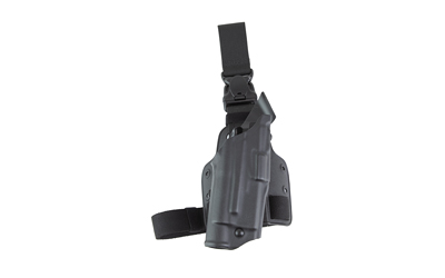 Black tactical drop-leg holster with strap
