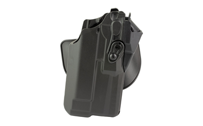 Black polymer handgun holster with paddle attachment