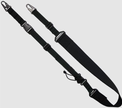 Black adjustable rifle sling with metal clips