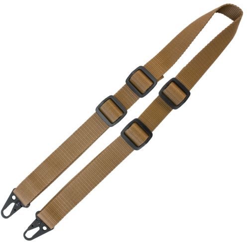 Adjustable tan shoulder strap with black metal clips