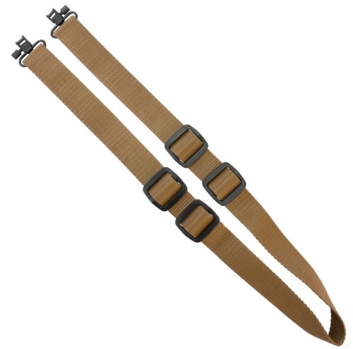 Two adjustable tan straps with black buckles