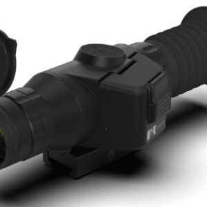 Black thermal imaging rifle scope on white background
