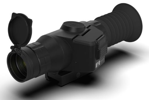 Black thermal imaging rifle scope on white background