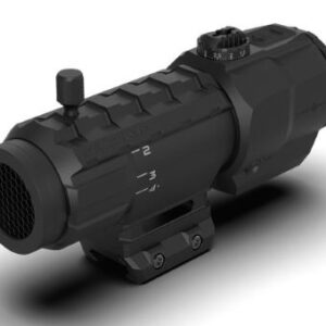 Compact tactical rifle scope on white background