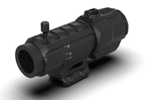 Compact tactical rifle scope on white background