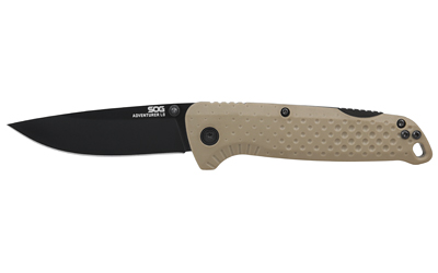 Black folding knife with tan handle