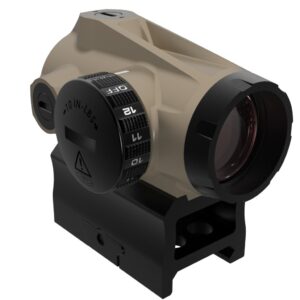 Tan red dot sight on black mount
