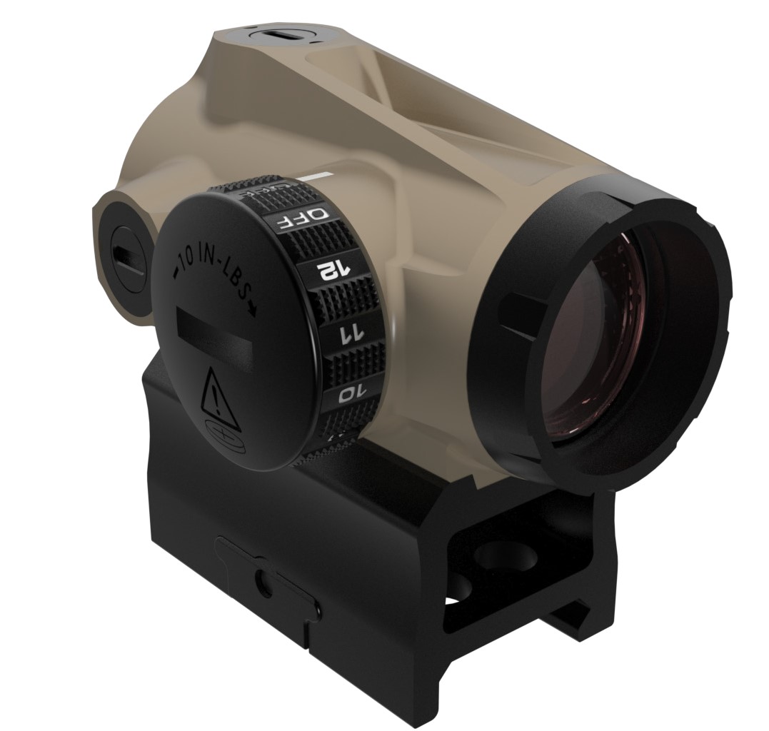 Tan red dot sight on black mount