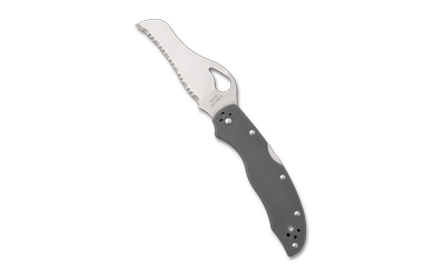 Curved folding knife with serrated blade
