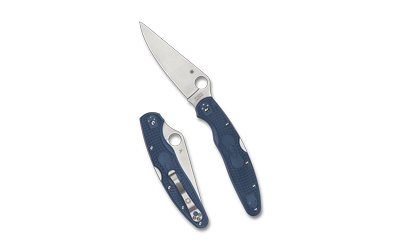 Two blue-handled folding pocket knives