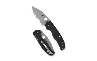Open and closed black folding pocket knives