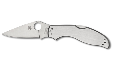Silver folding pocket knife with partially serrated blade