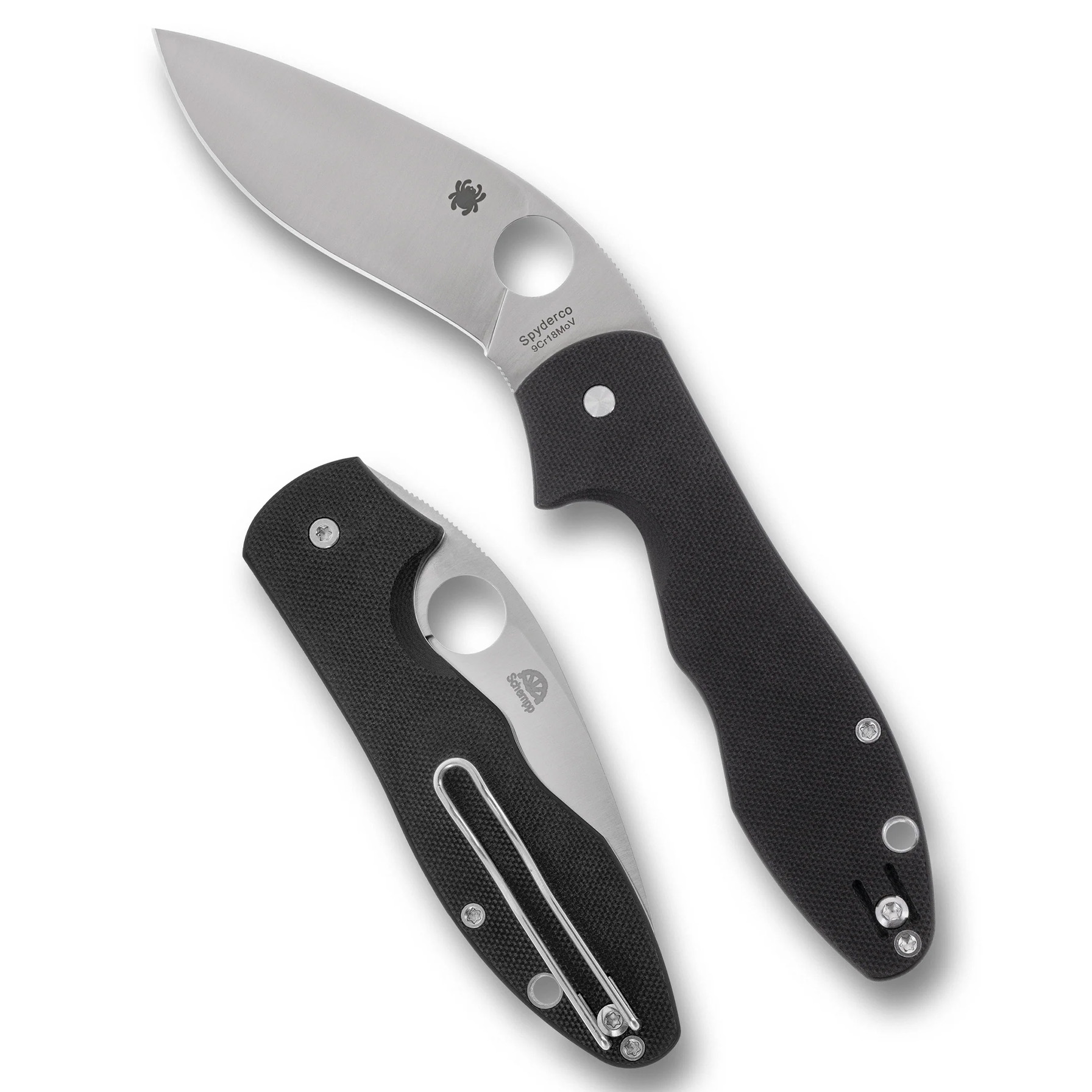 Open and closed black folding pocket knife