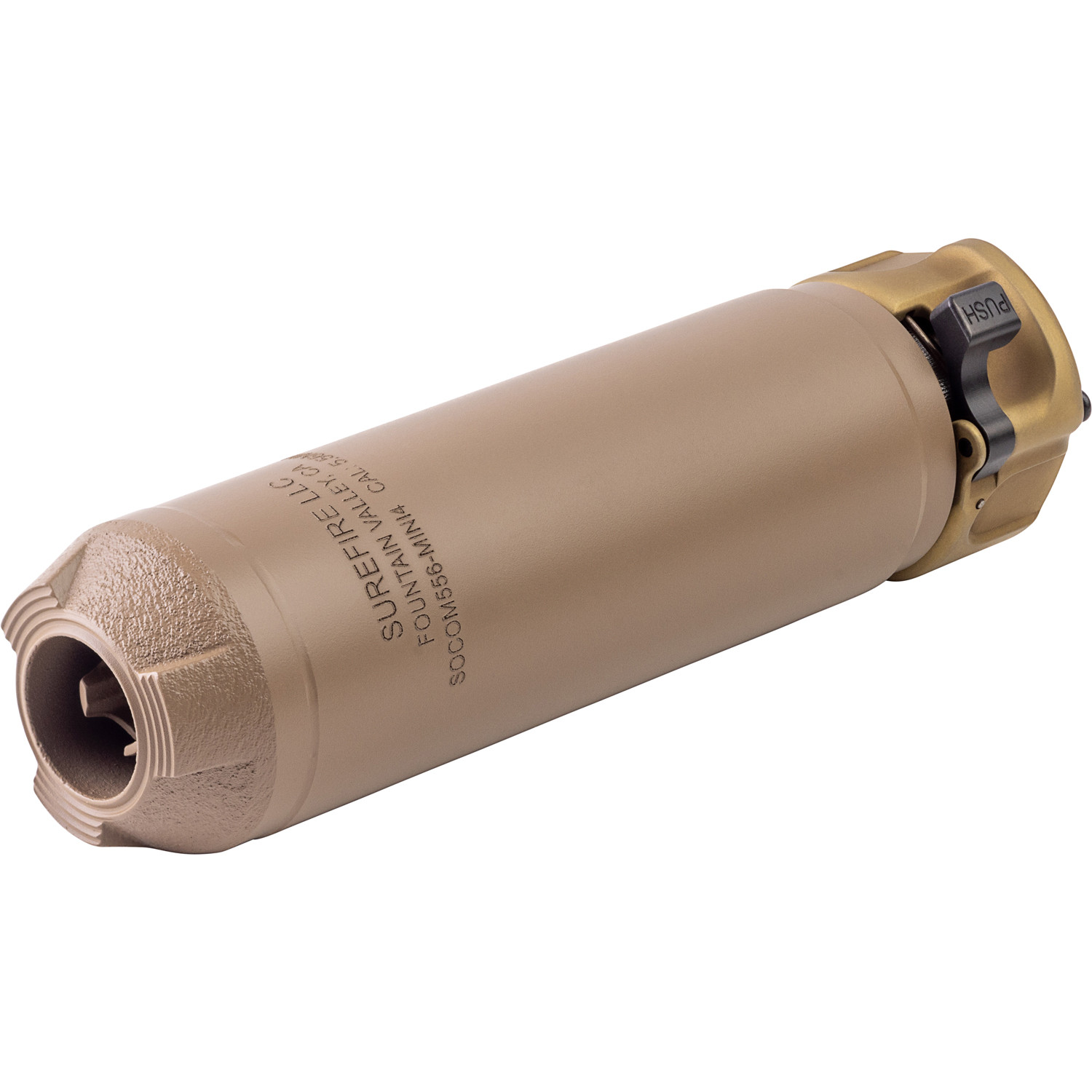 Tan SureFire rifle suppressor with mounting latch