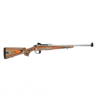 Wood-stock bolt-action rifle on white background