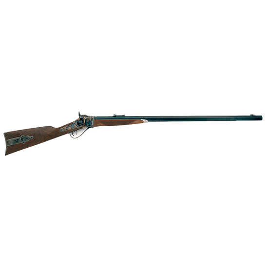 Historical rifle with wooden stock and long barrel.