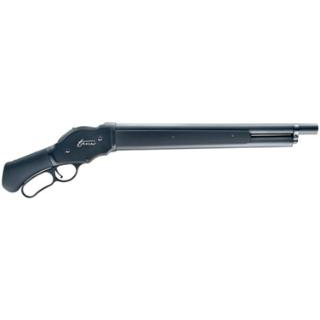 Side view of a black shotgun.