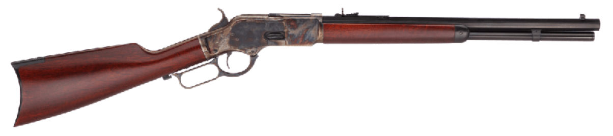 Lever-action rifle with wooden stock on white background