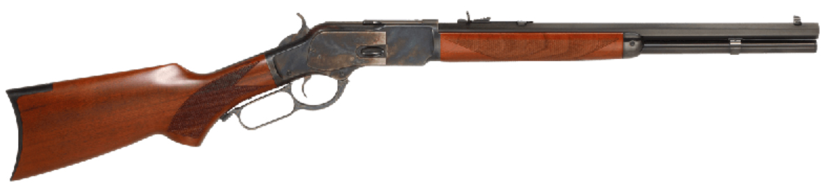 Lever-action rifle with wooden stock on white background