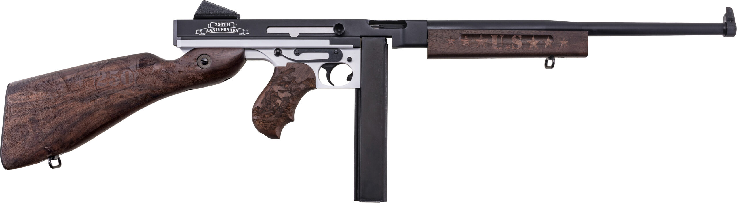 Thompson submachine gun with wooden stock and magazine